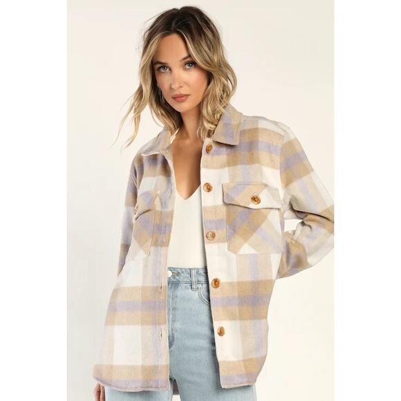 Blank NYC Mountain Top White Multi Plaid Fall Wool Blend Flannel Shacket Size L - Picture 1 of 9